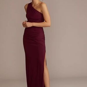 David's Bridal One-Shoulder Burgundy Dress